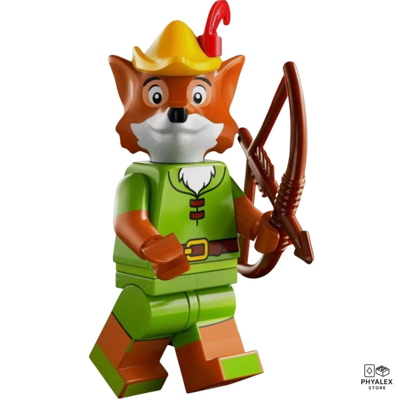 Inspired by Disney’s animated Robin Hood, this minifigure features the heroic fox in classic medieval attire.