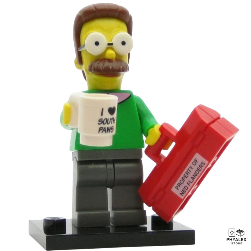 Springfield’s famously friendly neighbor, Ned Flanders, is depicted with his trademark glasses, mustache, and green sweater. 